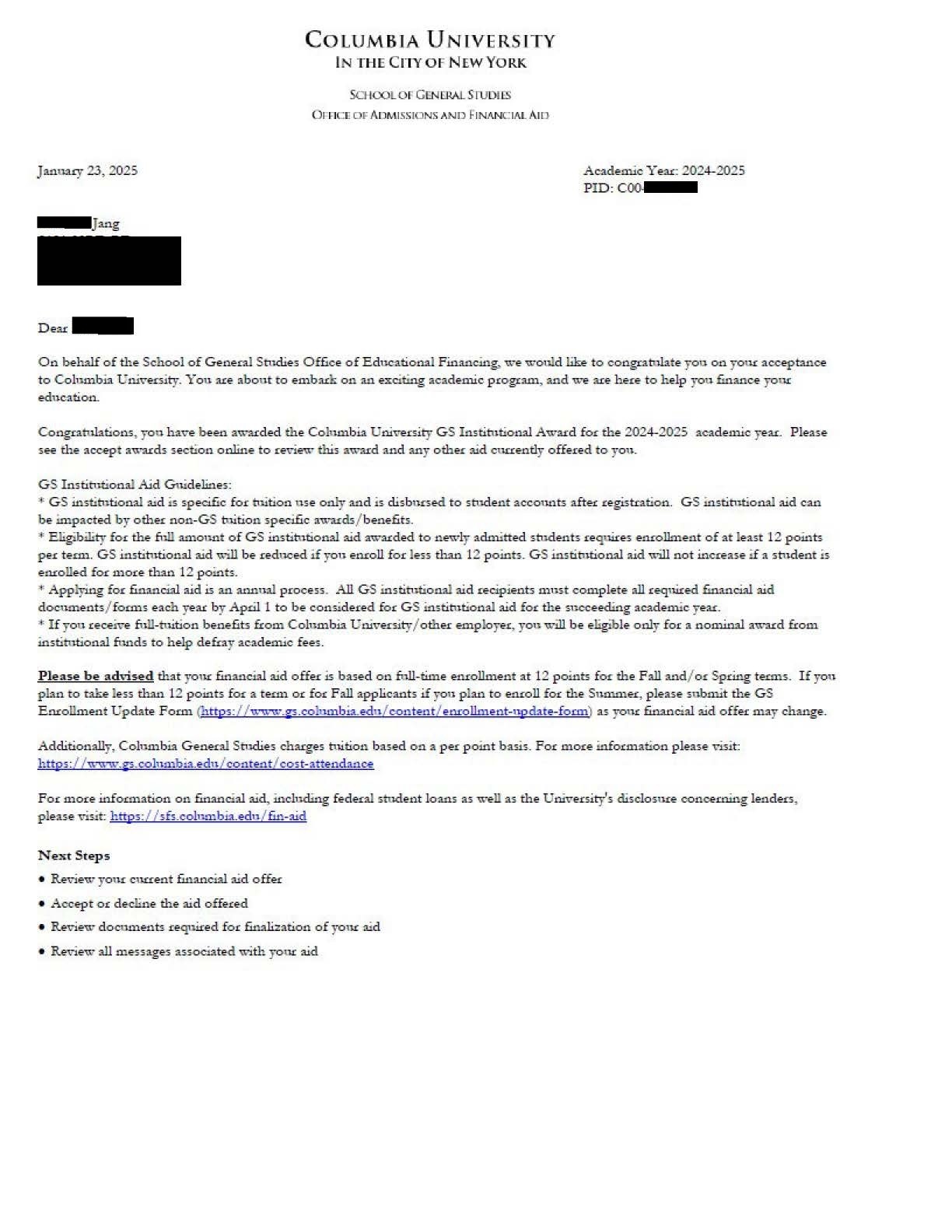 Columbia University Acceptance Letter