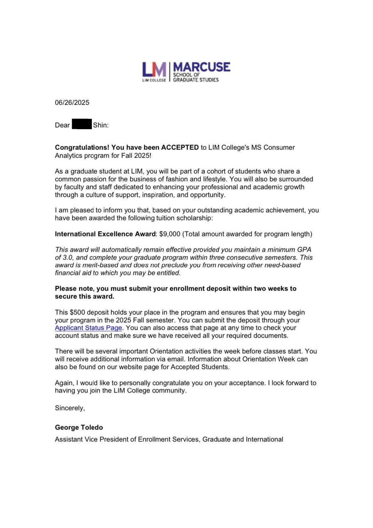LIM College MS in Consumer Analytics 합격 Acceptance Letter
